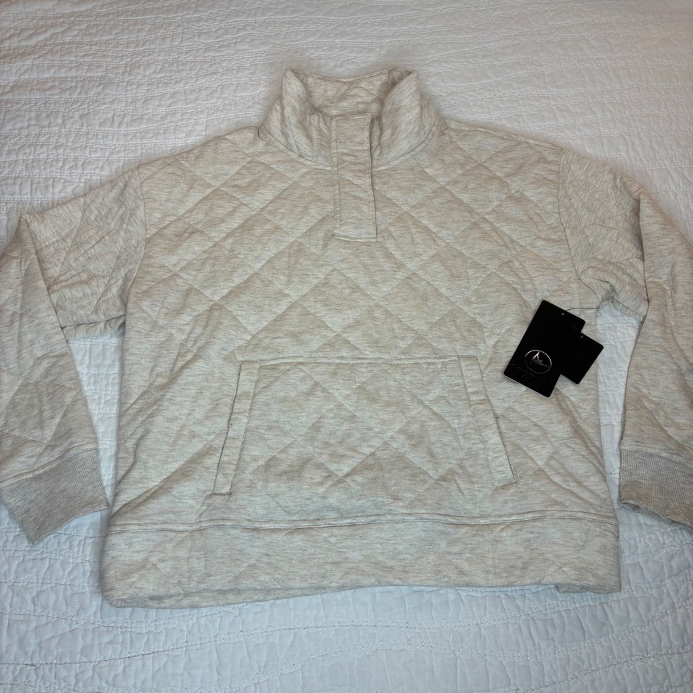 NEW 90 Degree by Reflex Diamond Quilted Pullover Womens L Cream Sweatshirt Cabin